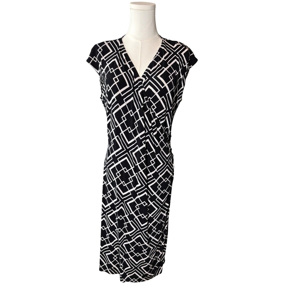 Travelers by Chicos Dress Womens 1 M Black White Geometric Faux Wrap Mod Retro